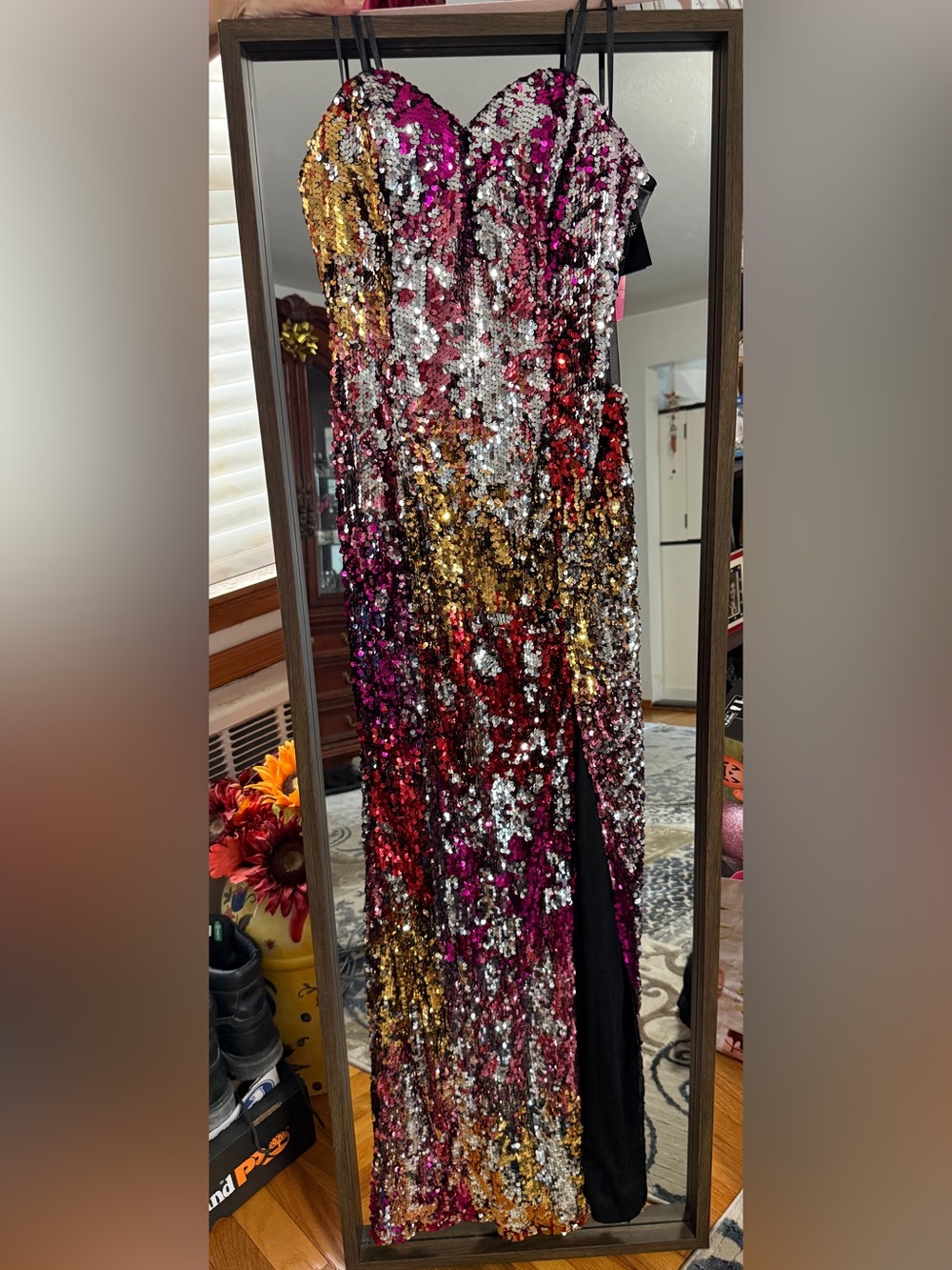 Faviana Multi-Sequin Ombre Strap Slit Gown in Pink, Gold, Silver, Red, Black